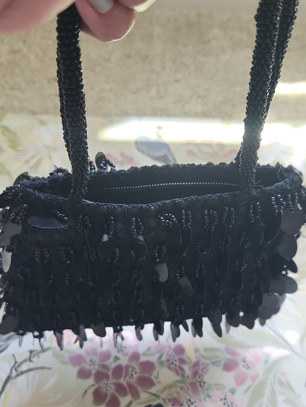 Black Sequin Beaded Tote Handbag - Elegant Evening Bag - Picture 2 of 3